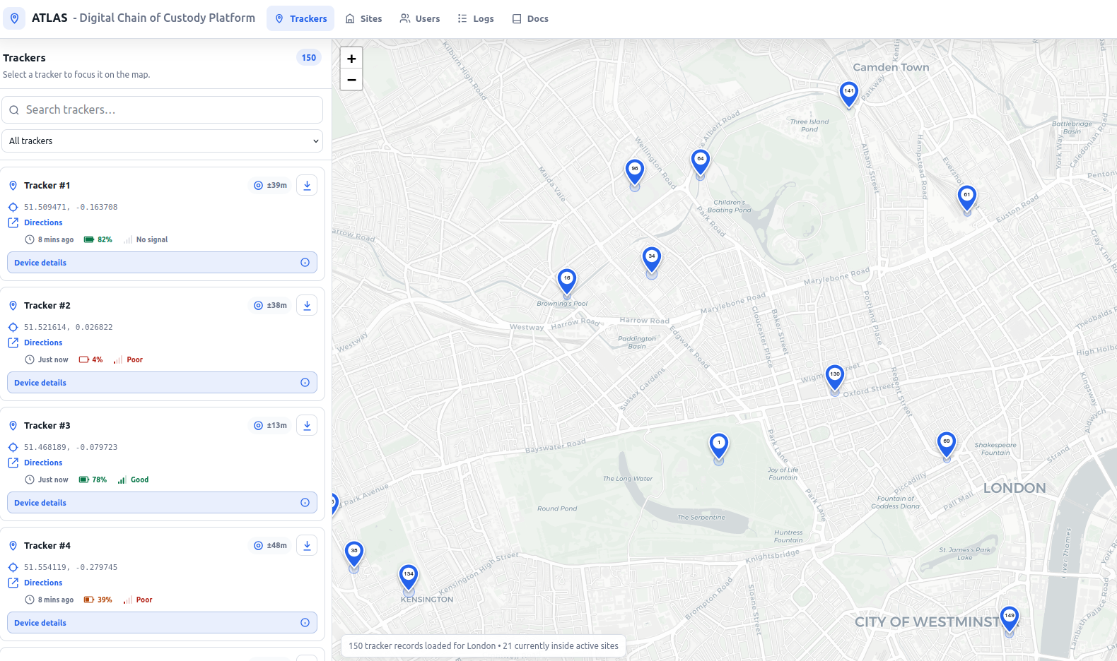 Shared ATLAS dashboard showing tracker locations and current device status